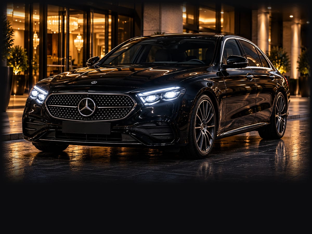 Črn Mercedes-Benz E-Class pred vhodom hotela ponoči
